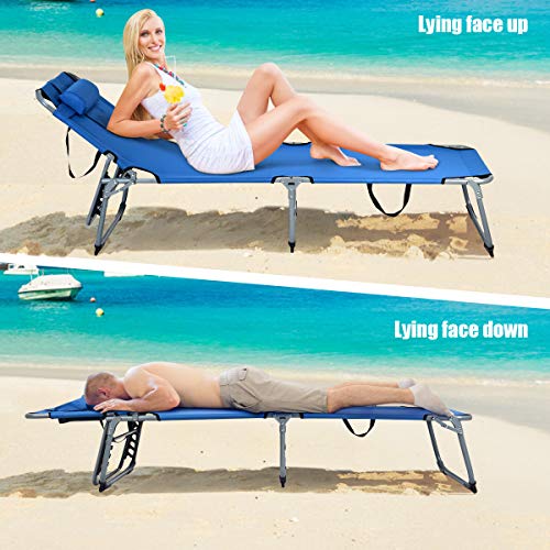 Moccha Folding Lounge Chair, Adjustable Beach Bed, Foldable Recliner with Pillow, Sunbathing Headrest and Tray, for Outdoor, Camping, Backyard, Patio, Pool (Blue)