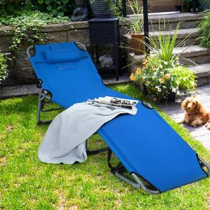 Moccha Folding Lounge Chair, Adjustable Beach Bed, Foldable Recliner with Pillow, Sunbathing Headrest and Tray, for Outdoor, Camping, Backyard, Patio, Pool (Blue)