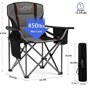 FAIR WIND Oversized Fully Padded Camping Chair with Lumbar Support, Heavy Duty Quad Fold Chair Arm Chair with Cooler Bag - Support 450 LBS