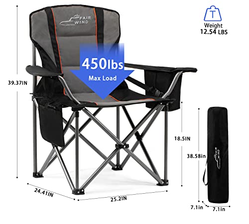 FAIR WIND Oversized Fully Padded Camping Chair with Lumbar Support, Heavy Duty Quad Fold Chair Arm Chair with Cooler Bag - Support 450 LBS