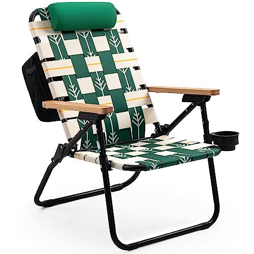 Dowinx Beach Chair with Cooler Bag, Folding Caming Chair with Backpack Straps, High Back 3 Position-Reclining Outdoor Chair Aluminum Frame, Green