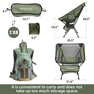 Bonsanc Camping Chairs, Folding Backpacking Chair, Portable Ultralight Compact Small Camp Chair with Carry Bag for Outdoor Camping, Picnic, Hiking, Fishing (2 Pack, Green)