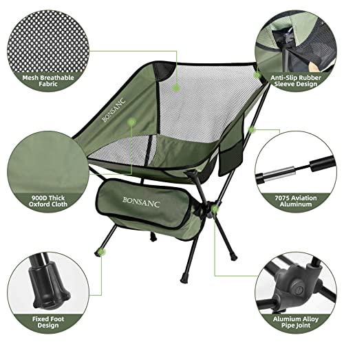 Bonsanc Camping Chairs, Folding Backpacking Chair, Portable Ultralight Compact Small Camp Chair with Carry Bag for Outdoor Camping, Picnic, Hiking, Fishing (2 Pack, Green)