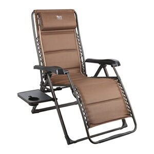 timber ridge zero gravity chairs, folding recliner chair padded with cup holder and headrest, adjustable lounge reclining chair for outdoor camping lawn patio indoor, supports 350lbs, brown