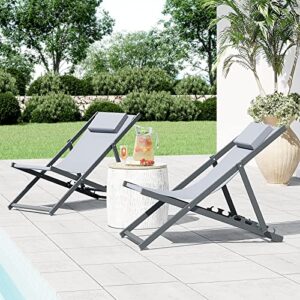 Patiorama Outdoor Folding Beach Sling Chairs Set of 2, Aluminum Patio Lounge Chair, Portable Beach Chairs, Adjustable Reclining Chairs w/Cushioned Headrest for Pool, Dark Grey Frame & Grey Mesh