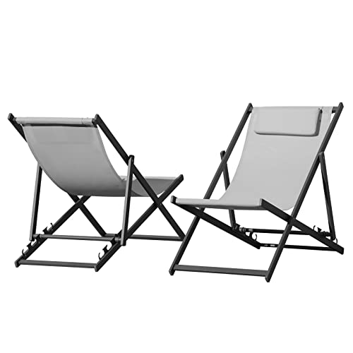 Patiorama Outdoor Folding Beach Sling Chairs Set of 2, Aluminum Patio Lounge Chair, Portable Beach Chairs, Adjustable Reclining Chairs w/Cushioned Headrest for Pool, Dark Grey Frame & Grey Mesh