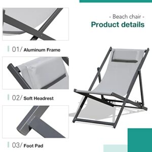 Patiorama Outdoor Folding Beach Sling Chairs Set of 2, Aluminum Patio Lounge Chair, Portable Beach Chairs, Adjustable Reclining Chairs w/Cushioned Headrest for Pool, Dark Grey Frame & Grey Mesh