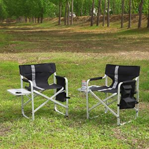 gssdee oversized camping directors chair, portable aluminum camping chairs, padded folding directors chair with side table storage pockets, outdoor camping, picnics and fishing (black 2 pack)