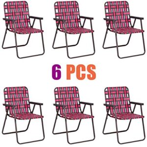 giantex beach chairs set of 6, patio folding lawn chairs for adults, outdoor webbing chair w/steel frame, lightweight & portable camping chairs for fishing, yard, garden, poolside webbed chairs, red