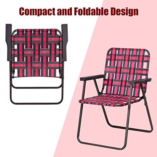 Giantex Beach Chairs Set of 6, Patio Folding Lawn Chairs for Adults, Outdoor Webbing Chair w/Steel Frame, Lightweight & Portable Camping Chairs for Fishing, Yard, Garden, Poolside Webbed Chairs, Red
