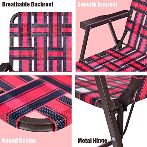 Giantex Beach Chairs Set of 6, Patio Folding Lawn Chairs for Adults, Outdoor Webbing Chair w/Steel Frame, Lightweight & Portable Camping Chairs for Fishing, Yard, Garden, Poolside Webbed Chairs, Red