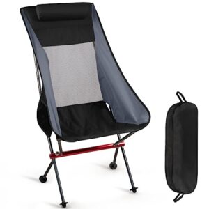portable camping chair, compact ultralight high back camp chairs for adult, aluminum backpacking chair removable pillow, side pocket & carry bag, for outdoor hiking travel beach fishing(black grey)