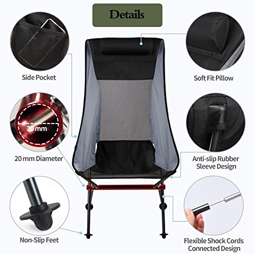 Portable Camping Chair, Compact Ultralight High Back Camp Chairs for Adult, Aluminum Backpacking Chair Removable Pillow, Side Pocket & Carry Bag, for Outdoor Hiking Travel Beach Fishing(Black Grey)