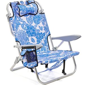 canpsky portable beach chair for adults, outdoor lightweight camping chair lay flat folding backpack beach chair with 4 positions, headrest, cooler pouch, cup holder, blue and white porcelain