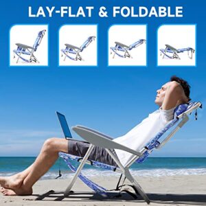 Canpsky Portable Beach Chair for Adults, Outdoor Lightweight Camping Chair Lay Flat Folding Backpack Beach Chair with 4 Positions, Headrest, Cooler Pouch, Cup Holder, Blue and White Porcelain