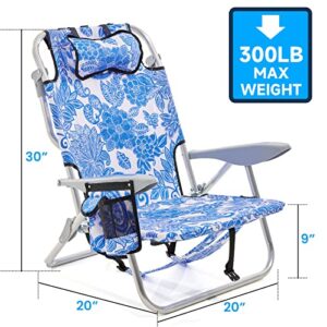 Canpsky Portable Beach Chair for Adults, Outdoor Lightweight Camping Chair Lay Flat Folding Backpack Beach Chair with 4 Positions, Headrest, Cooler Pouch, Cup Holder, Blue and White Porcelain