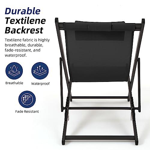 Eongdn Sling Chairs Patio Deck Chairs Folding Chair Set of 4 with 2 6-Level Adjustable Aluminum Folding Chairs and 2 Stools, Dark Grey