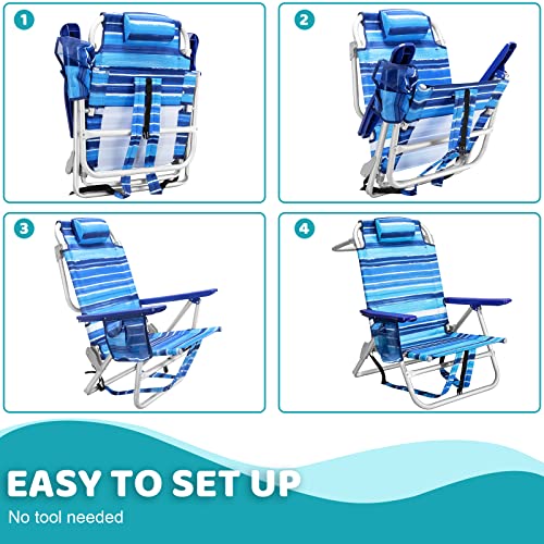 LEMBERI Backpack Beach Chairs for Adults,1/2 Pack Folding Heavy Duty Camping Chair with Large Pockets and Cup Holder,Adjustable high Beach Lounge Chairs with Towel Rack for Outdoor,Travel (1, Blue)