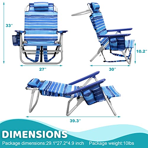 LEMBERI Backpack Beach Chairs for Adults,1/2 Pack Folding Heavy Duty Camping Chair with Large Pockets and Cup Holder,Adjustable high Beach Lounge Chairs with Towel Rack for Outdoor,Travel (1, Blue)