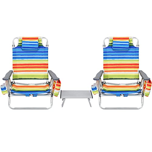 Safstar Folding Beach Chair Set, 2 Pack Folding Chair and Aluminum Small Table, 5-Position Adjustable Camping Chairs with Ice Bag, Comfort Pillow, 3 PCS Backpack Recline Beach Chairs (Color Strip)