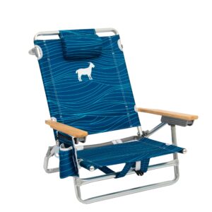 raise your game portable backpack beach chair, folding with 5 positions, storage cup holder and bottle opener with phone pocket, headrest (blue)