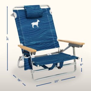Raise Your Game Portable Backpack Beach Chair, Folding with 5 Positions, Storage Cup Holder and Bottle Opener with Phone Pocket, Headrest (Blue)