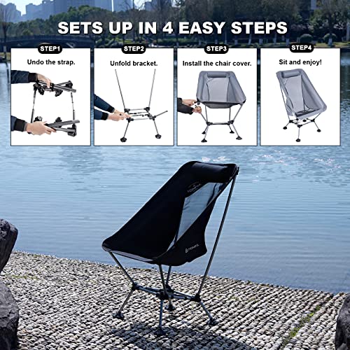 HITORHIKE Camping Chair with Nylon Mesh and Comfortable Headrest Ultralight High Back Folding Camp Chair Portable Compact for Camping, Hiking, Backpacking, Picnic, Festival (Dark Black)