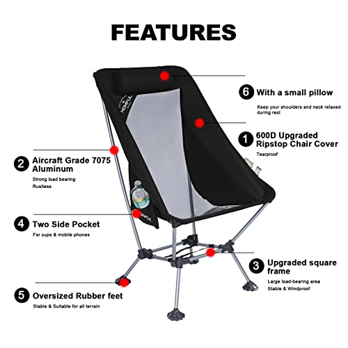 HITORHIKE Camping Chair with Nylon Mesh and Comfortable Headrest Ultralight High Back Folding Camp Chair Portable Compact for Camping, Hiking, Backpacking, Picnic, Festival (Dark Black)