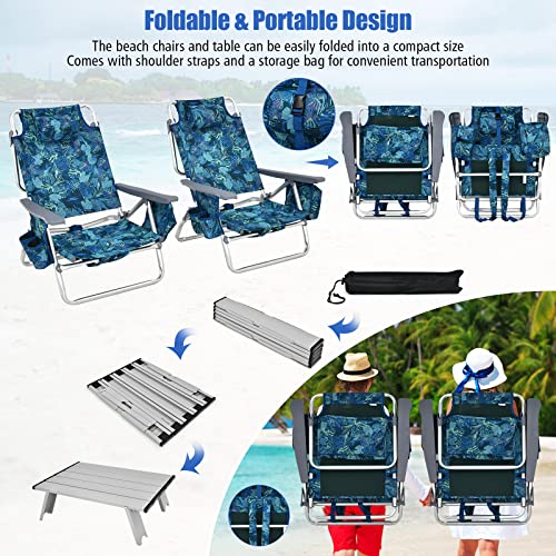 BETTARY Backpack Beach Chairs Set, 5-Position Lawn Chair & Small Aluminum Table w/Cup Holder, Cooler Bag, Heavy Duty Lay Flat Folding Camping Chairs 3PCS for Fishing & Sunbathing