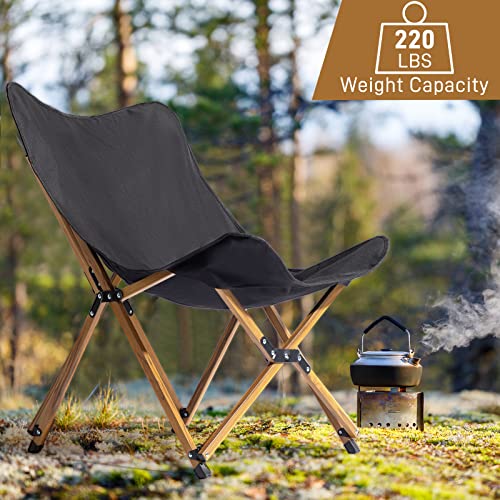 Camping Chair, Folding Chair, Camp Chair, Camping Chairs for Adults, Folding Outdoor Camping Chair, Portable Stool for Fishing Picnic BBQ, Ultra Light Aluminum Frame with Wood Grain Accent, Black