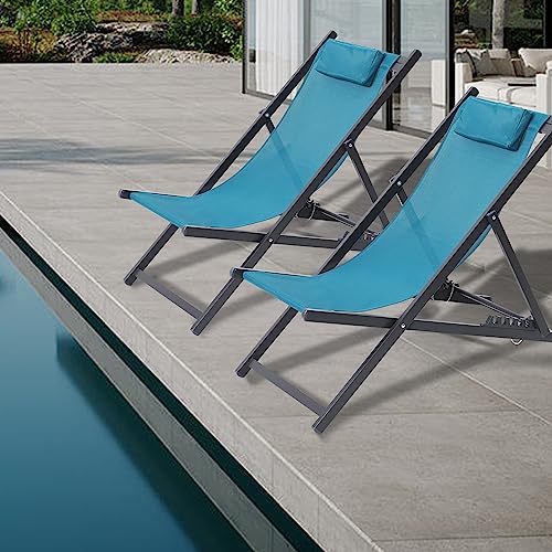 BETTAHOME Outdoor Aluminum Patio Sling Chairs, Beach Deck Chair, Portable Folding Lounge Chairs, Height Adjustable, Set of 2, Teal Color