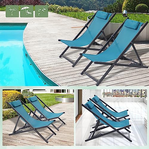 BETTAHOME Outdoor Aluminum Patio Sling Chairs, Beach Deck Chair, Portable Folding Lounge Chairs, Height Adjustable, Set of 2, Teal Color