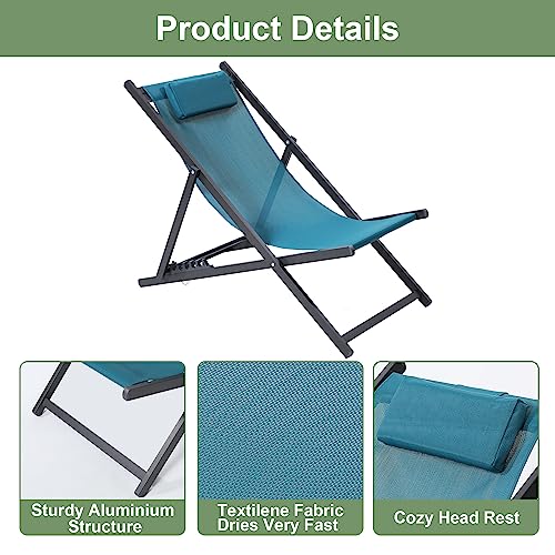 BETTAHOME Outdoor Aluminum Patio Sling Chairs, Beach Deck Chair, Portable Folding Lounge Chairs, Height Adjustable, Set of 2, Teal Color