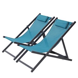 BETTAHOME Outdoor Aluminum Patio Sling Chairs, Beach Deck Chair, Portable Folding Lounge Chairs, Height Adjustable, Set of 2, Teal Color