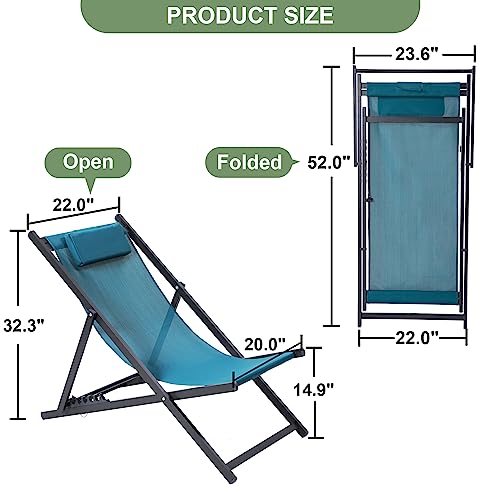 BETTAHOME Outdoor Aluminum Patio Sling Chairs, Beach Deck Chair, Portable Folding Lounge Chairs, Height Adjustable, Set of 2, Teal Color