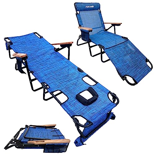 EasyGo Product FLIP Patio Chaise Lounger Chair for Tanning with Face & Arm Holes 4 Legs Support Textilene Material 6 Position Reclining Head Rest Pillow Beach or Home Use-PATENTS Pending, Blue