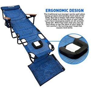 EasyGo Product FLIP Patio Chaise Lounger Chair for Tanning with Face & Arm Holes 4 Legs Support Textilene Material 6 Position Reclining Head Rest Pillow Beach or Home Use-PATENTS Pending, Blue