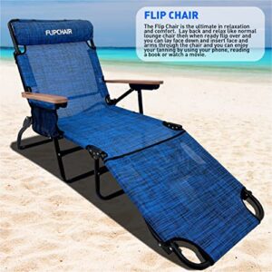 EasyGo Product FLIP Patio Chaise Lounger Chair for Tanning with Face & Arm Holes 4 Legs Support Textilene Material 6 Position Reclining Head Rest Pillow Beach or Home Use-PATENTS Pending, Blue