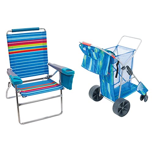 Rio Gear Beach 17" Extended Height 4-Position Folding Beach Chair -Polyester, Graphic Traffic Blue/White/Multi Stripe & Deluxe Wonder Wheeler Wide, Blue Print