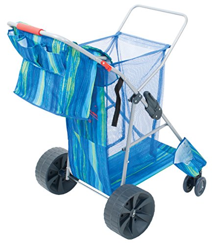 Rio Gear Beach 17" Extended Height 4-Position Folding Beach Chair -Polyester, Graphic Traffic Blue/White/Multi Stripe & Deluxe Wonder Wheeler Wide, Blue Print