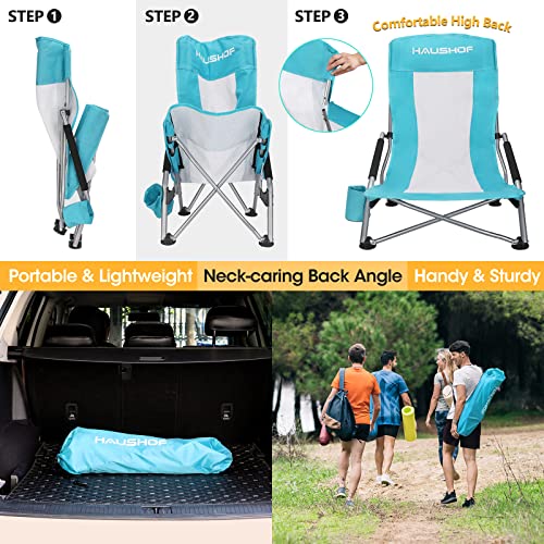 HAUSHOF High Back Beach Chair, Mesh Back Folding Chair and VILLEY 4-Person Easy Pop Up Tent, Waterproof Automatic Setup Instant Lightweight Camping Beach Tent