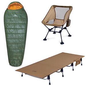 iclimb 1 anti-sinking folding chair and 1 super easy assemble cot and 1 3m thinsulate insulation warm sleeping bag bundle, ultralight compact for adults outdoor backpacking camping glamping