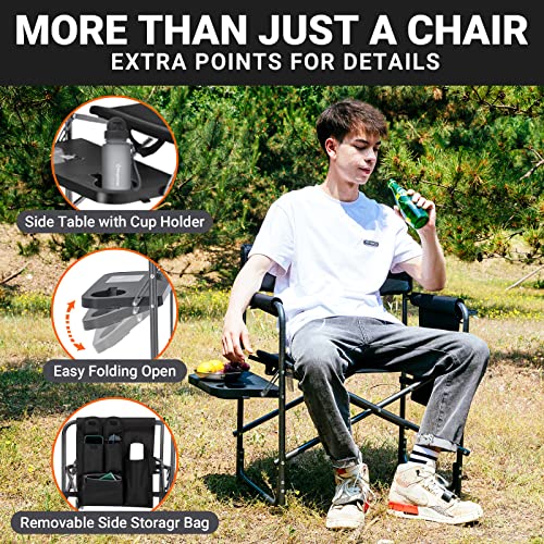 KingCamp Camping Chairs 2 Pack with Side Table Cup Holder, Outdoor Portable Folding Directors Style for Beach Trip Lawn Picnic Patio Backyard Festival Hiking Sports Event, One Size, Black/Medium Grey