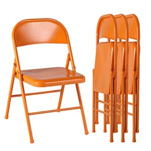 vecelo metal frame folding hold up to 350 pounds, mounted steel chairs with triple braced & double hinged back for home office, set of 4, orange