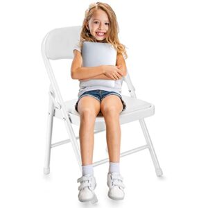 queekay kids folding chairs with padded seats and backrest foldable steel frame kids foldable chair for children toddler study indoor classroom desk tables event banquet wedding (white)