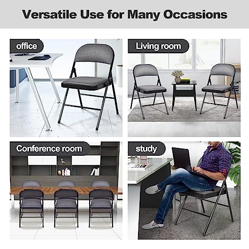 Giantex 4-Pack Folding Chairs with Metal Frame and Fabric Upholstered Padded Seat, Foldable Home Office Party Chair Set (Grey)