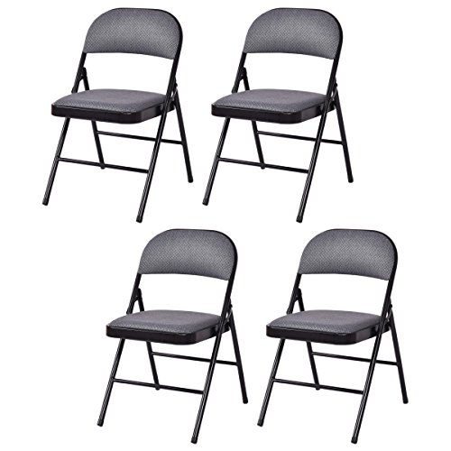 Giantex 4-Pack Folding Chairs with Metal Frame and Fabric Upholstered Padded Seat, Foldable Home Office Party Chair Set (Grey)