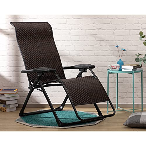 HollyHOME Rattan Folding Zero Gravity Chair for Adults, Indoor&Outdoor Adjustable Recliner with Steel Frame and Widened Armrest, Heavy Duty Lounge Tanning Chair for Patio, Balcony, Brown