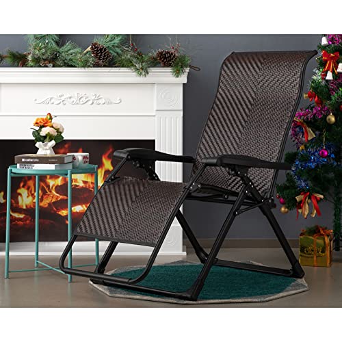 HollyHOME Rattan Folding Zero Gravity Chair for Adults, Indoor&Outdoor Adjustable Recliner with Steel Frame and Widened Armrest, Heavy Duty Lounge Tanning Chair for Patio, Balcony, Brown