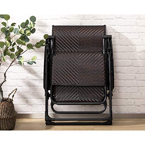 HollyHOME Rattan Folding Zero Gravity Chair for Adults, Indoor&Outdoor Adjustable Recliner with Steel Frame and Widened Armrest, Heavy Duty Lounge Tanning Chair for Patio, Balcony, Brown